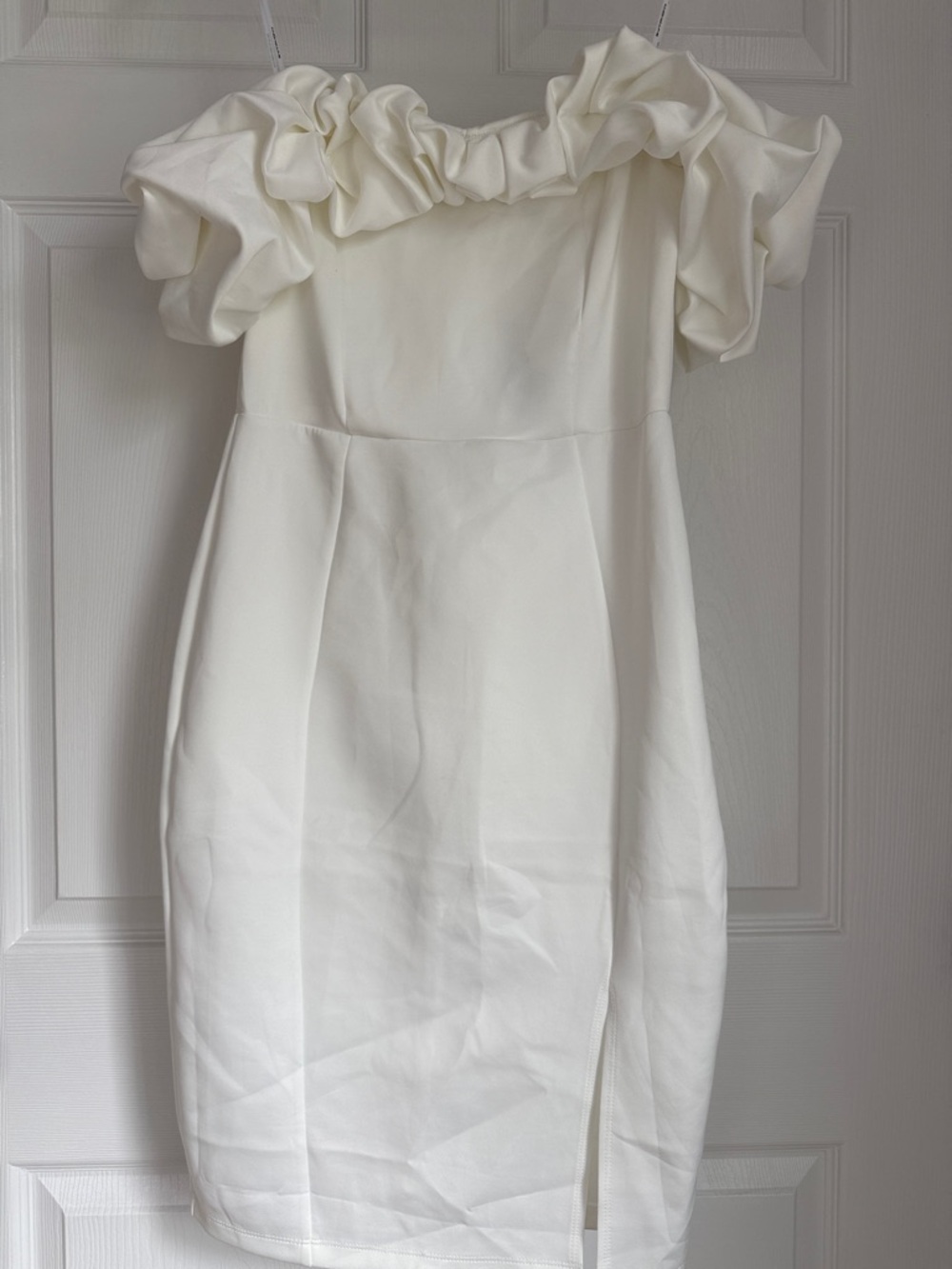Symphony Elegant White Ruffle-Shoulder Dress
